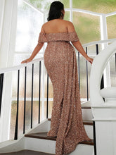 Plus Off Shoulder Draped Sequin Prom Dress